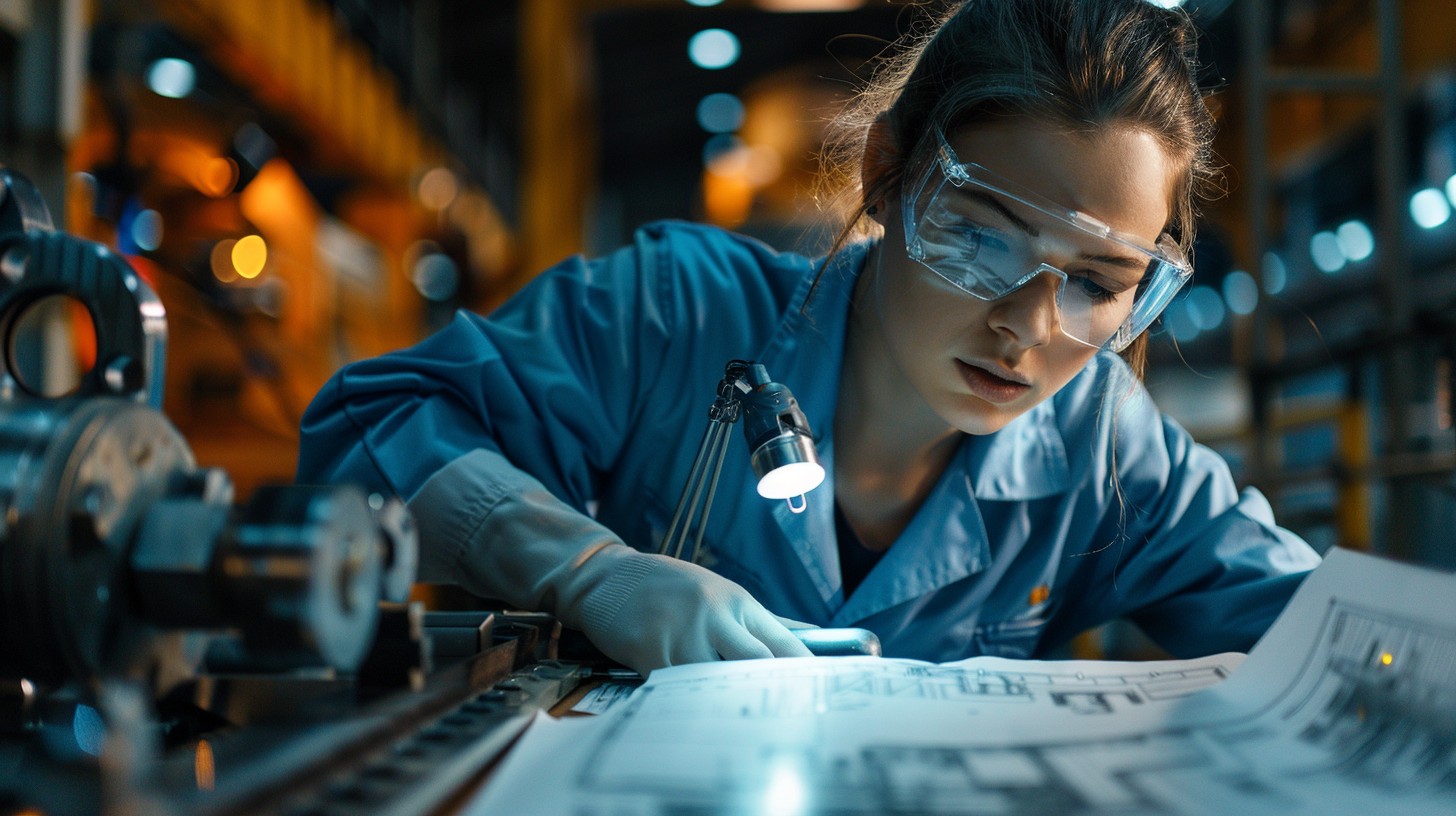Engineer checking technical drawings in a workshop