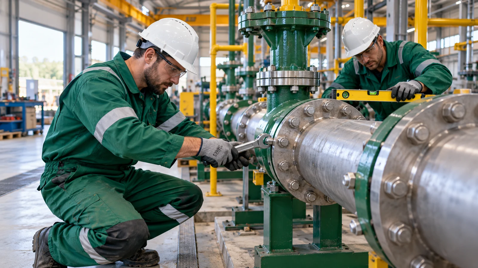 Technical crew executing industrial installation work