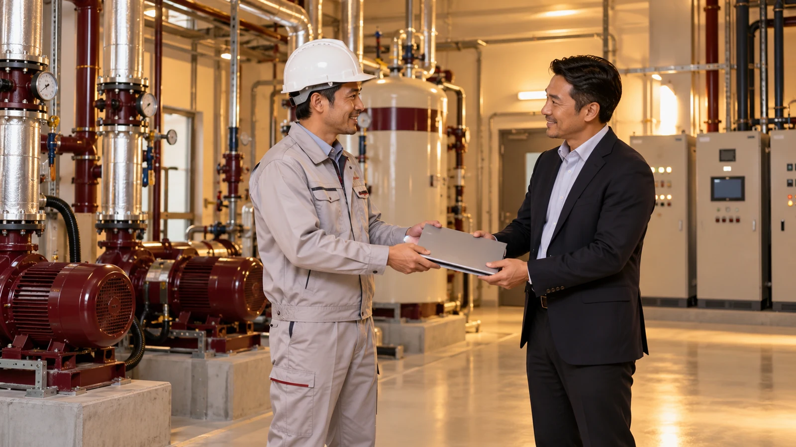 Engineer handing completed documentation to a client