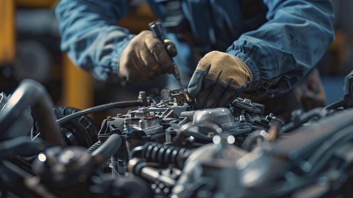 Mechanic working on an engine assembly