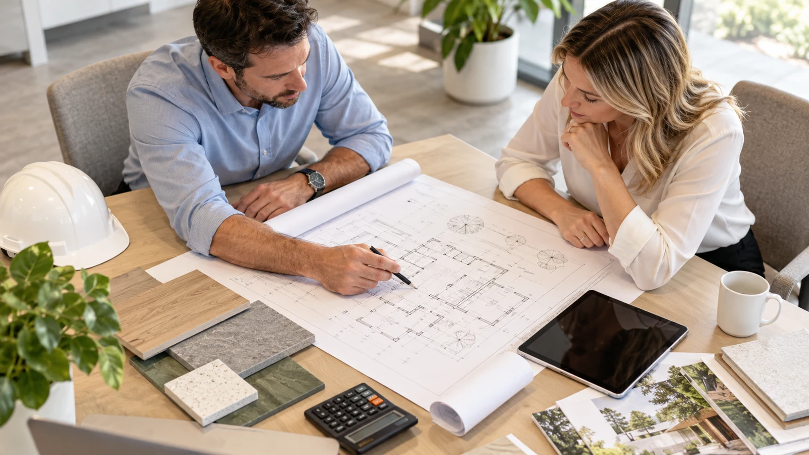 Engineers reviewing technical drawings and project scope