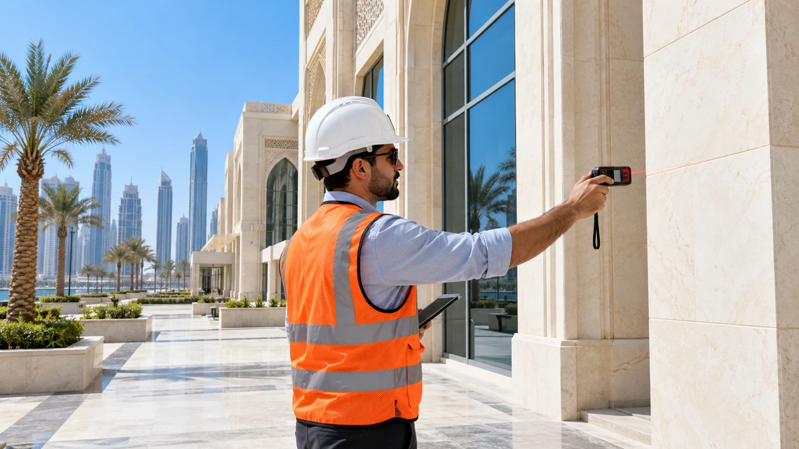 Engineer conducting a site survey with measuring equipment
